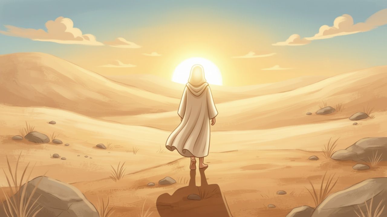 A figure in a white hooded robe, seen from behind as light with no face, walking over sand dunes toward a low sun.