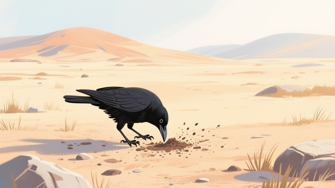 A black crow scratching at the sand with its beak on an empty desert plain, dunes behind it.