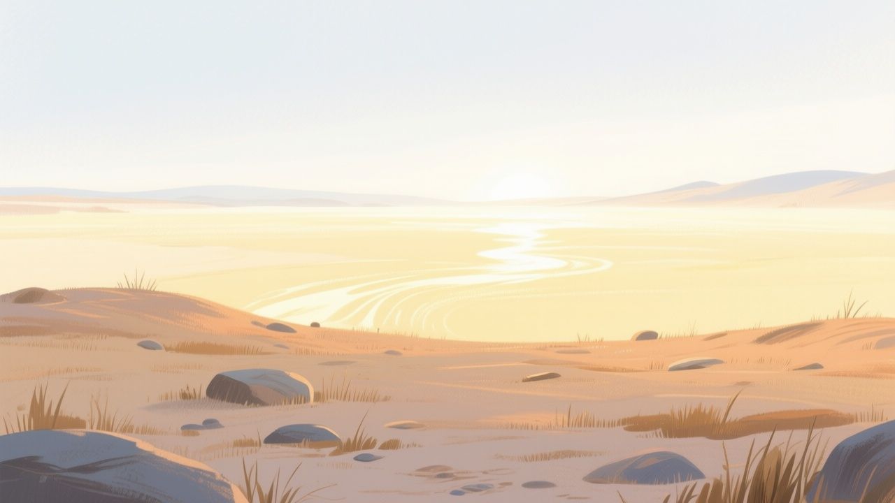 An empty plain of pale sand and stones under a hazy sky, a bright river winding toward low hills.