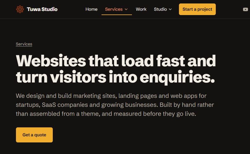 Our own website design service page, open in a browser: the headline reads 'Websites that load fast and turn visitors into enquiries.'