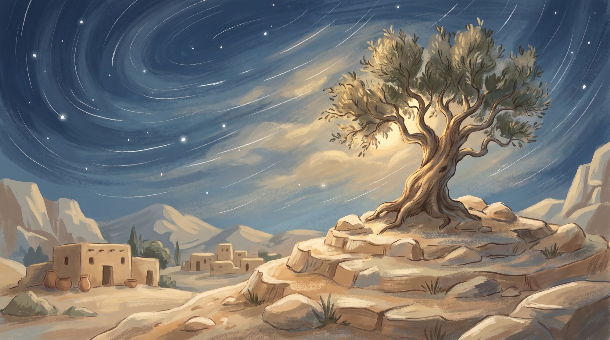 A still from our film Nuh and the Ark: an olive tree on a rocky rise above a moonlit desert village.