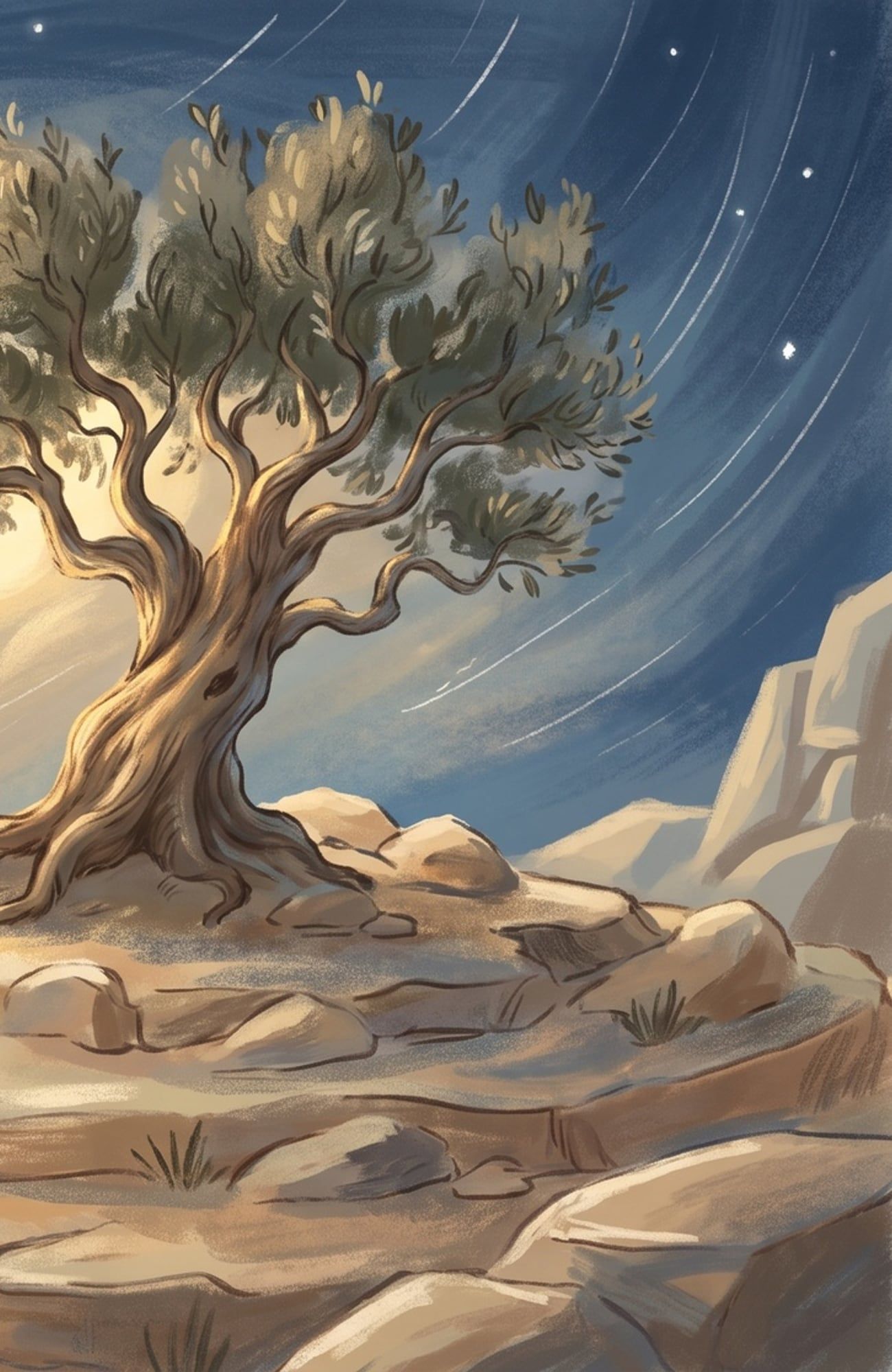 A vertical cut from our film Nuh and the Ark: a lone olive tree on a rocky rise above a moonlit desert village, under a sky of drifting stars.