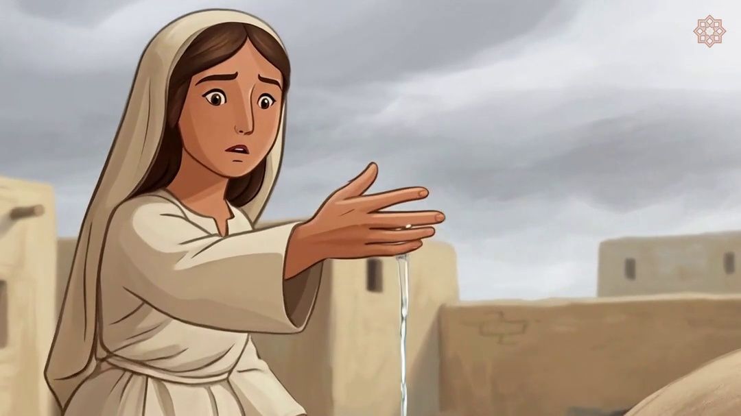 A girl in a headscarf reaching out as water rises unexpectedly from a clay oven, under a heavy grey sky.
